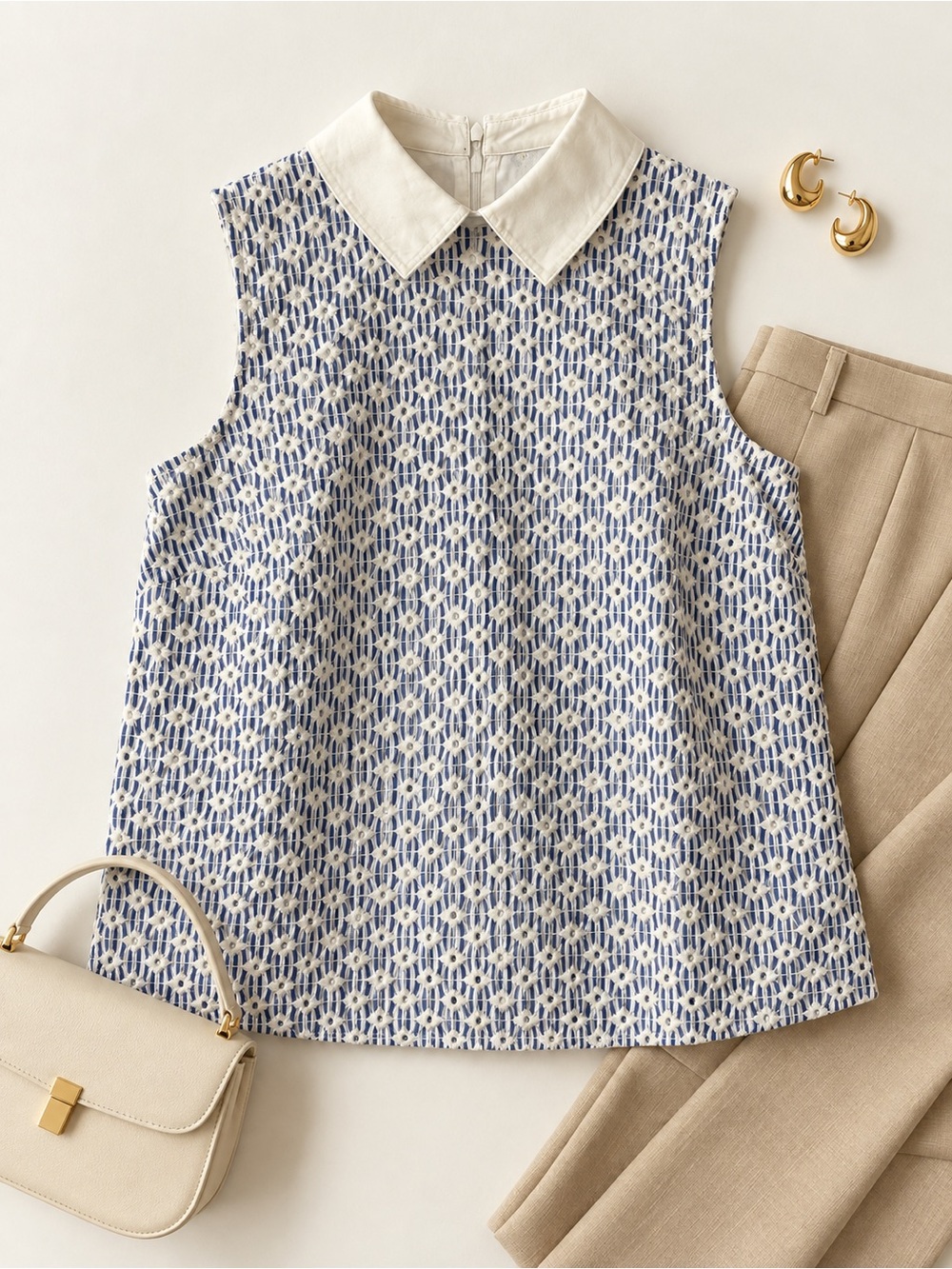 Brooks Brothers Blue & White Striped Floral Embroidered Sleeveless Blouse